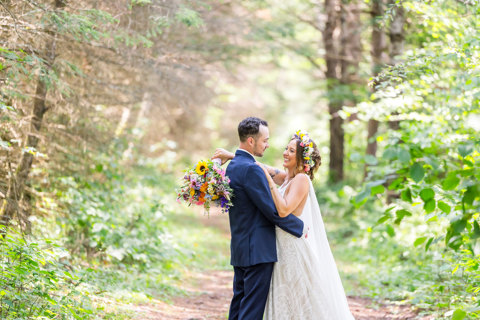 Bride and groom on a nature trail