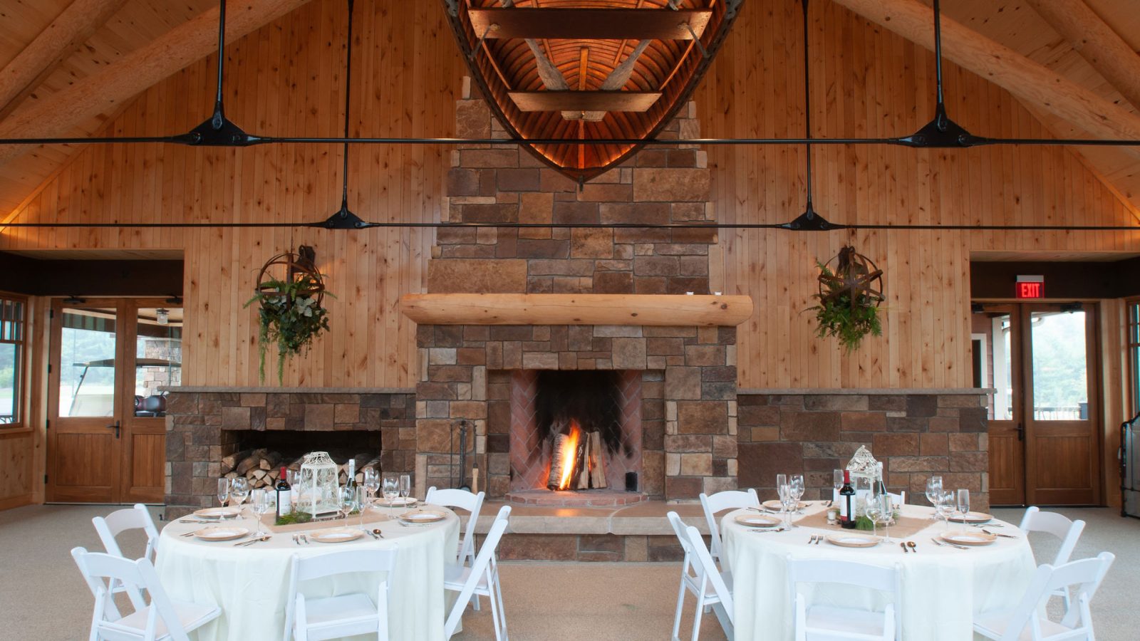 Dining tables in front of fireplace