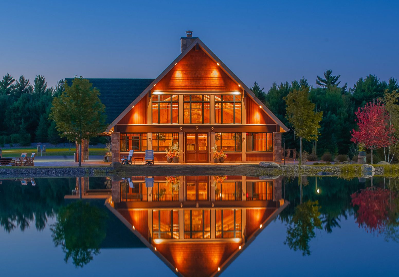 Lakeside lodge at night