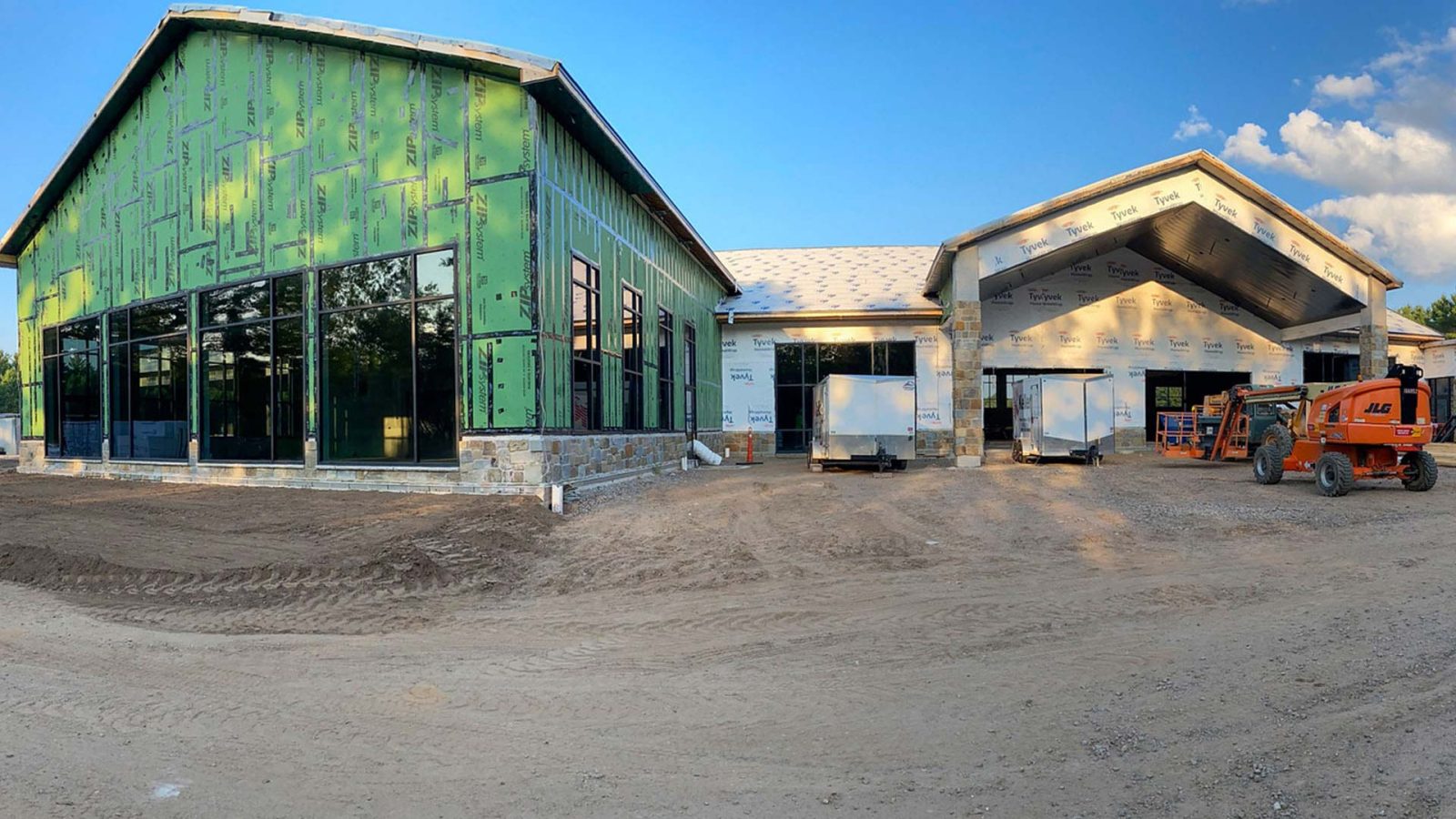 Panoramic view of Graham Center, the new event space at Rondele Ranch in northern Wisconsin, under construction in August 2025