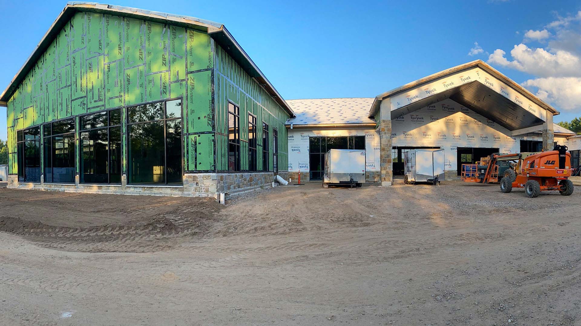 Panoramic view of Graham Center, the new event space at Rondele Ranch in northern Wisconsin, under construction in August 2025