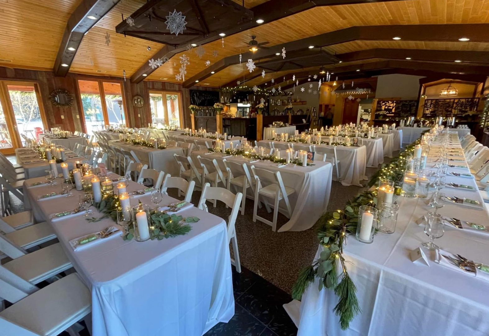 Tables set up for a wedding in the beautiful Reagans Center