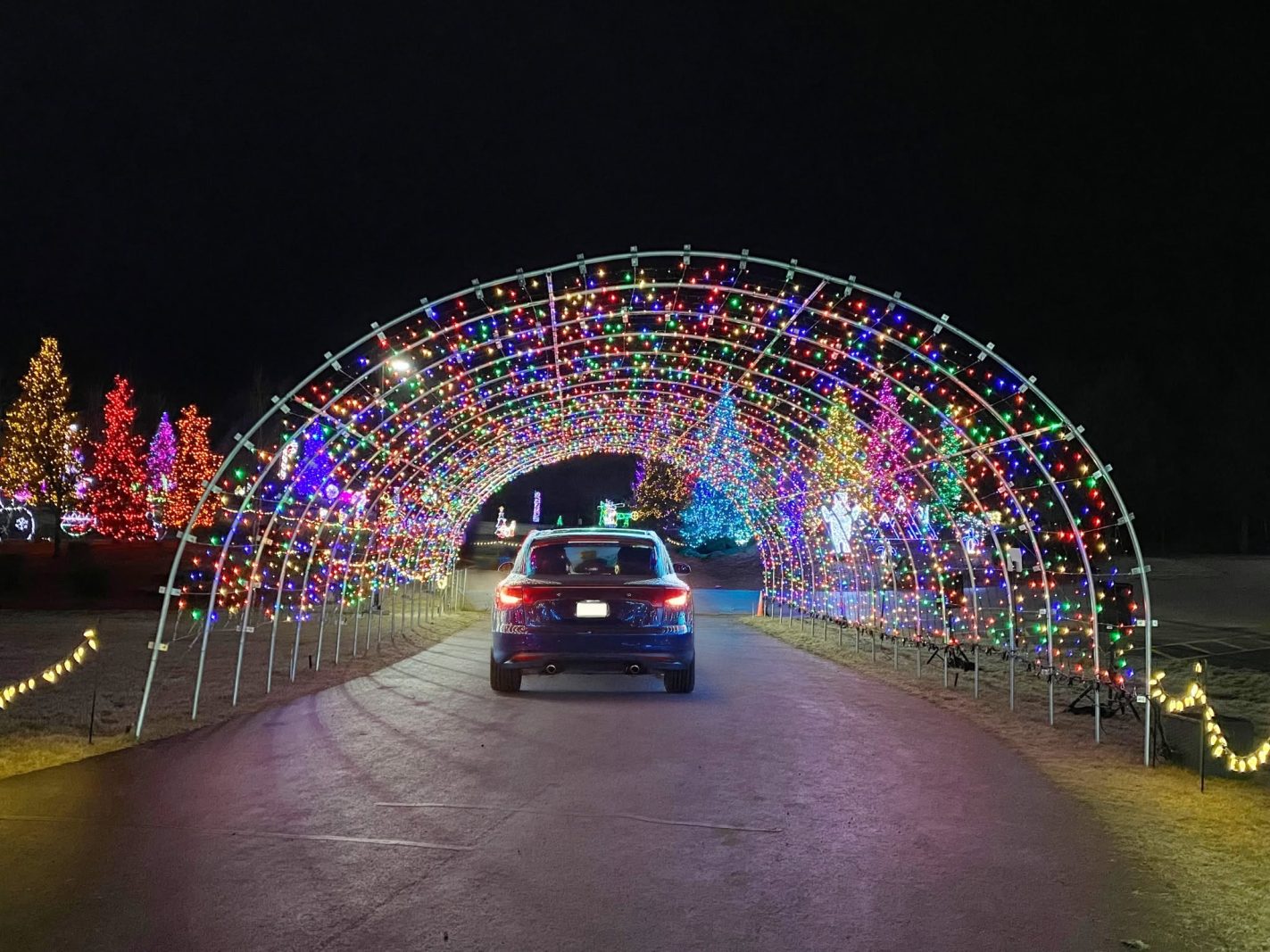 Car driving through entrance to Rondele Ranch Christmas Wonderland